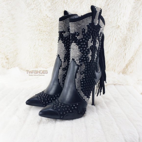 Stunning Rhinestone Stud Sexy Fringe Ankle Boots Size 10 LAST ONE - Picture 4 of 13